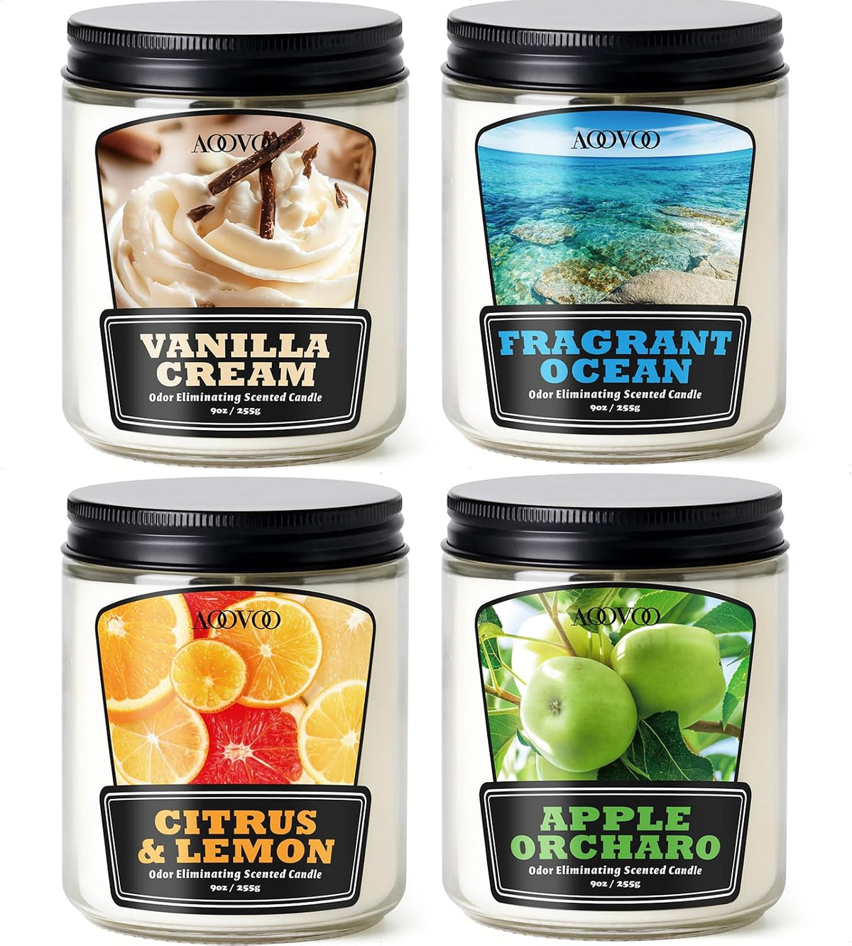 AOOVOO 4 Pack Odor Eliminating Candle Set - 36 Oz Non Toxic Soy Candle