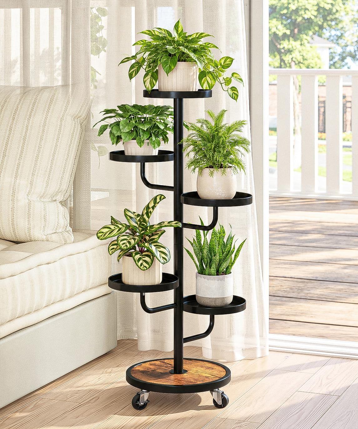 Bamworld Metal Plant Stand with Wheels, Plant Stand Indoor Black