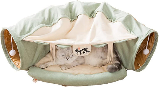 2 in 1 Cat Tunnel Bed Tube with Cushion and Plush Ball Toy Playground Crinkle Collapsible for Large Cats Kittens Kitty Puppy Small Dog Foldable Soft Pet Play Bed Indoor Outdoor - Green Cat Tunnel Bed