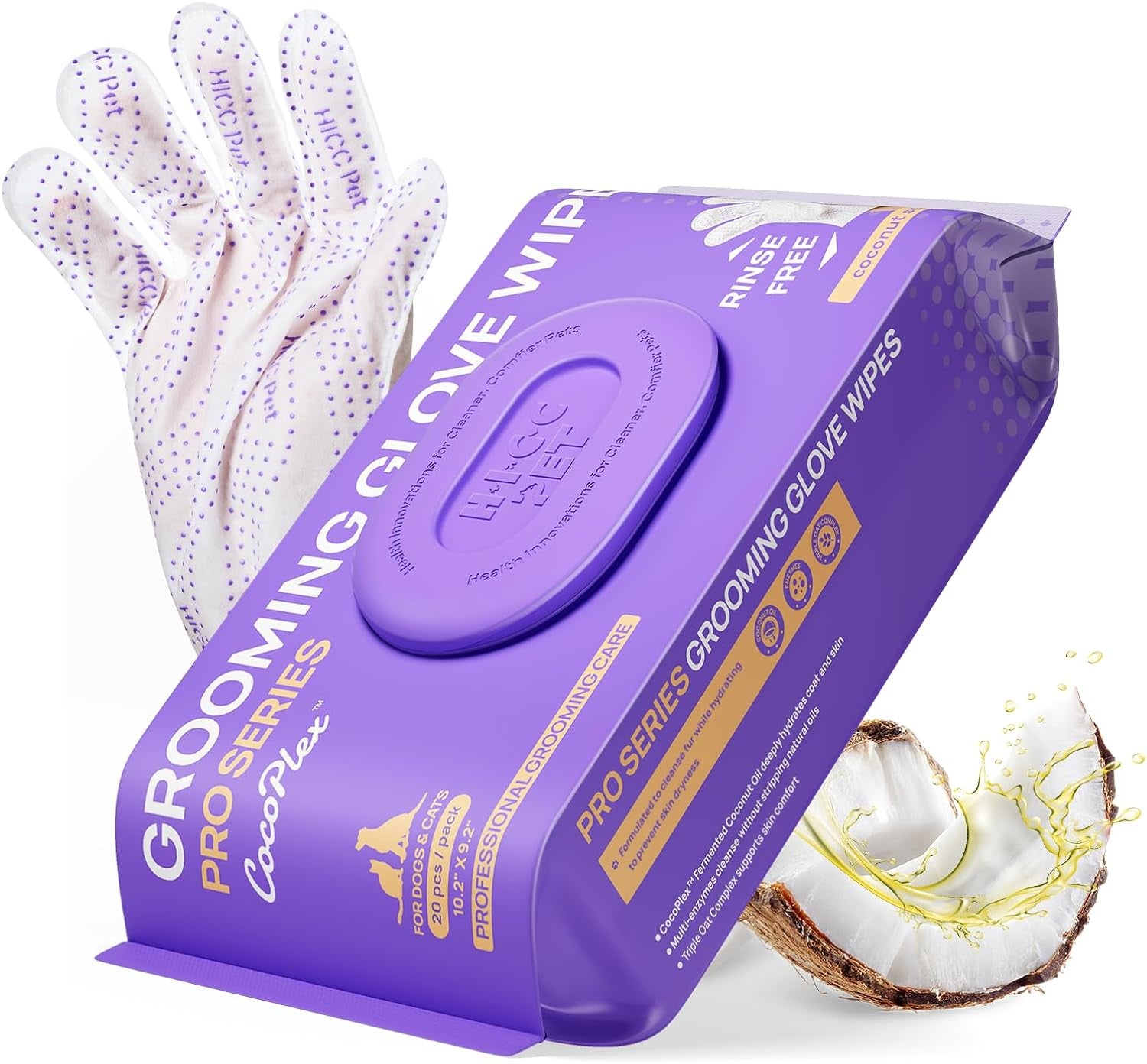 HICC PET Cleaning Glove Wipes PRO for Dogs & Cats, 20PCS Puppy Wipes, No-Rinse Pet Grooming Wipes, Extra Thick Dual-Textured Wipes for Paws, Face, Coat, Outer Ear&Rear-End Area,Coconut Scent