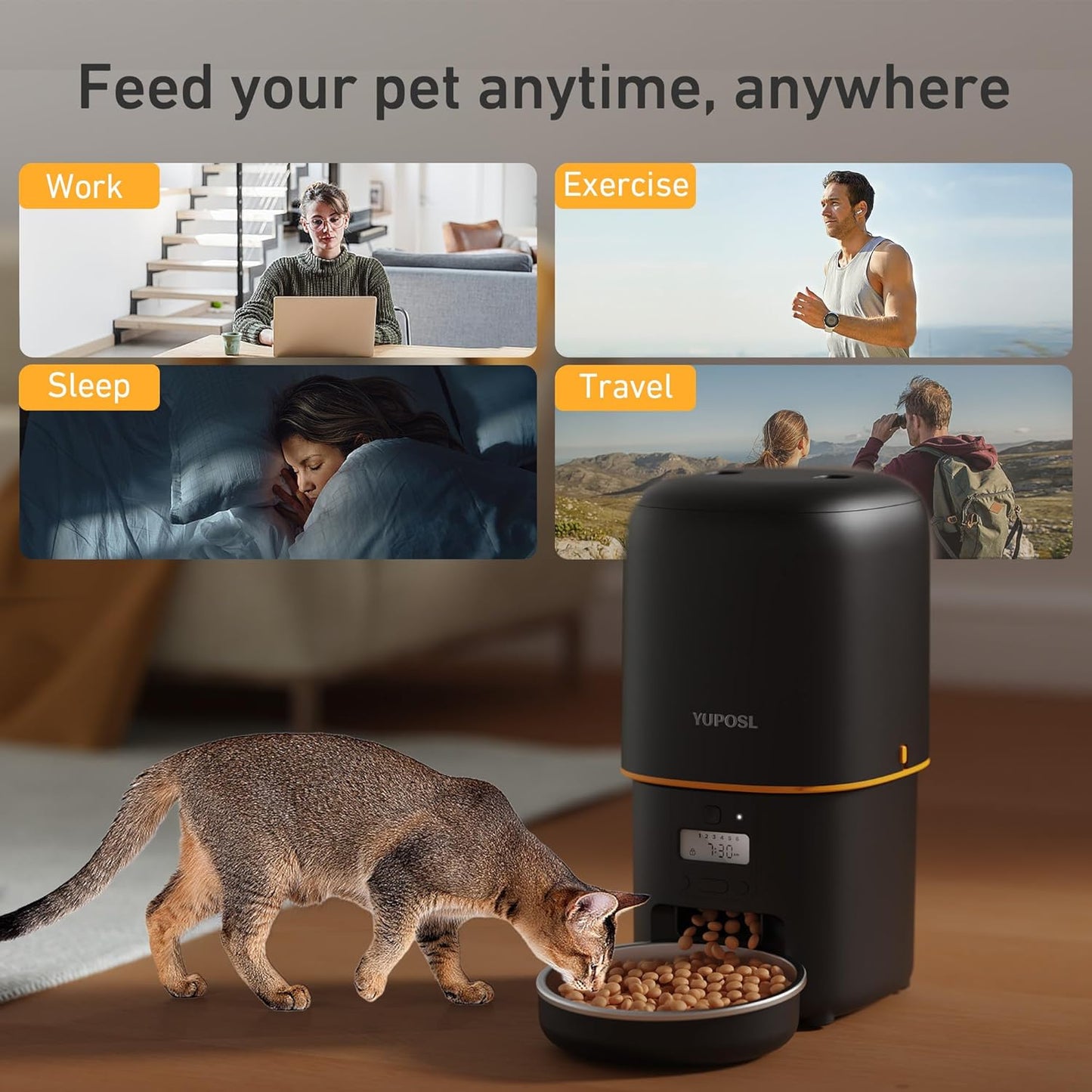 Automatic Cat Feeder, 4L Cat Food Dispenser with Anti-Jam Design, over 180-Day Battery Life, 1-6 Meals per Day with Stainless Steel Cat Bowl, Keep Dry Food Fresh, Timed Pet Feeder Also for Small Dog