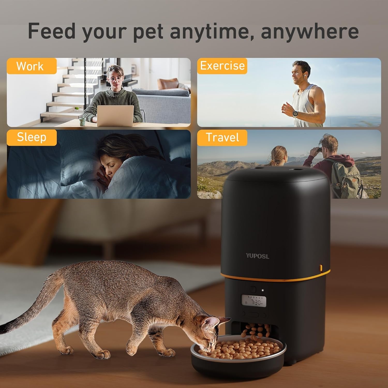 Automatic Cat Feeder, 4L Cat Food Dispenser with Anti-Jam Design, over 180-Day Battery Life, 1-6 Meals per Day with Stainless Steel Cat Bowl, Keep Dry Food Fresh, Timed Pet Feeder Also for Small Dog