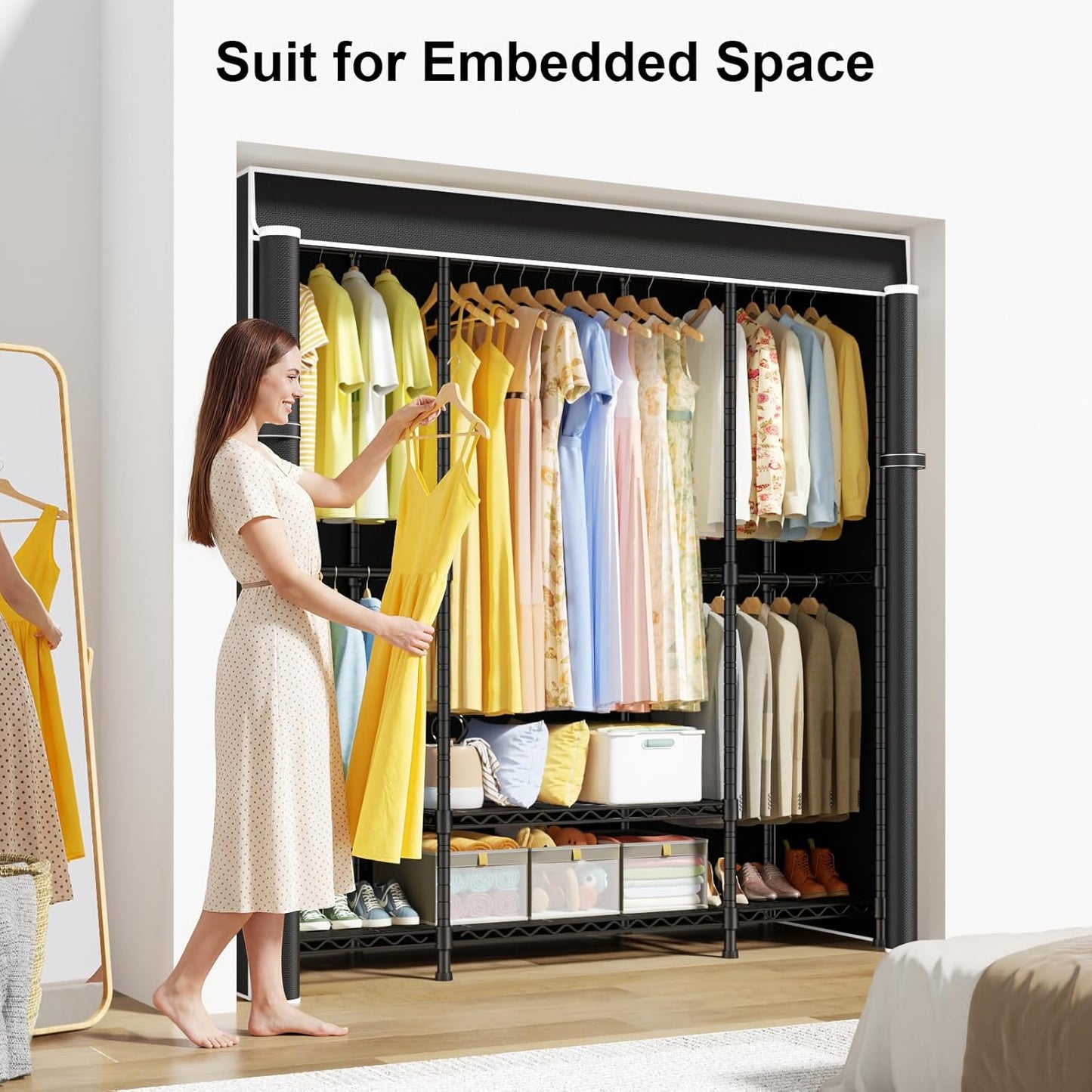 ULIFHOME E3C Heavy Duty Portable Closet Wardrobe with Fabric Cover, Freestanding Clothes Rack Holds up to 850 Lbs, Metal Garment Rack Organizer for Clothing, 59.5" W X 16.5" D X 77.4" H, Black