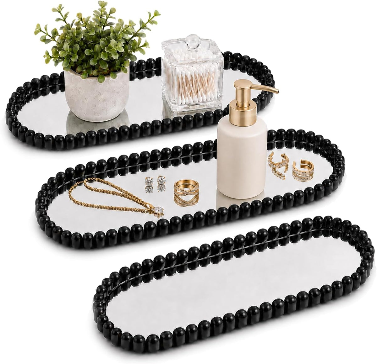 3 Set Countertop and Vanity Trays, Cute Bathroom Trays with Mirror Base, Black Bathroom Counter Organizer for Soap Dispenser, Tissues, Candles, Towel, Plant, Perfume Key. (12.3”X5.2”)