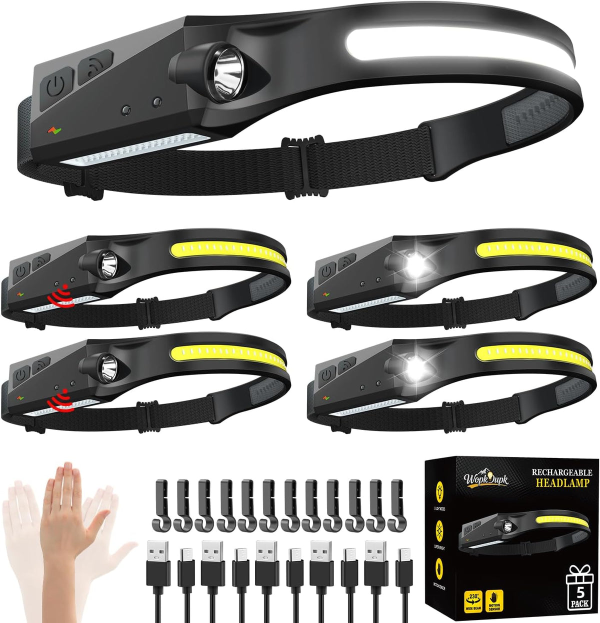 Rechargeable Headlamp 5PCS, 230° LED Head Lamp, Head Lights for Forehead