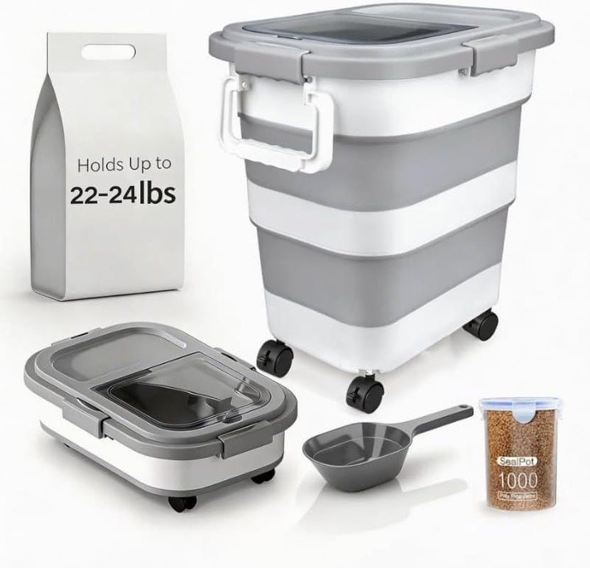 Collapsible Pet Food Storage Container, Airtight Dry Kibble Container with Detachable Wheels and Handle Storage Bin, Foldable Dog Cat Food Holder for Pantry Organization, 22-24 Lbs