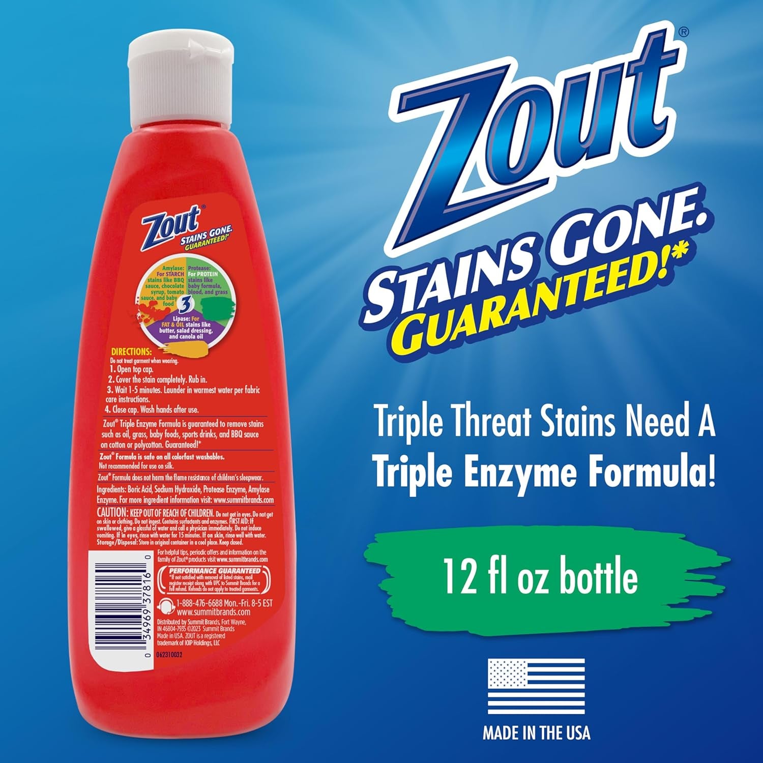 Zout Laundry Stain Remover, Triple Enzyme Formula for Blood, Tomato Sauce, & Oil Stains, Made in USA, 12 Ounce Squeeze Bottle with Flip Top Cap