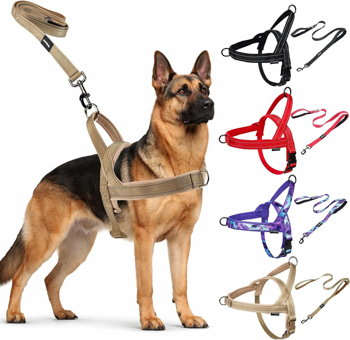 No Pull Dog Harness & 5FT Leash Set with Car Seatbelt Clip,Brown,L