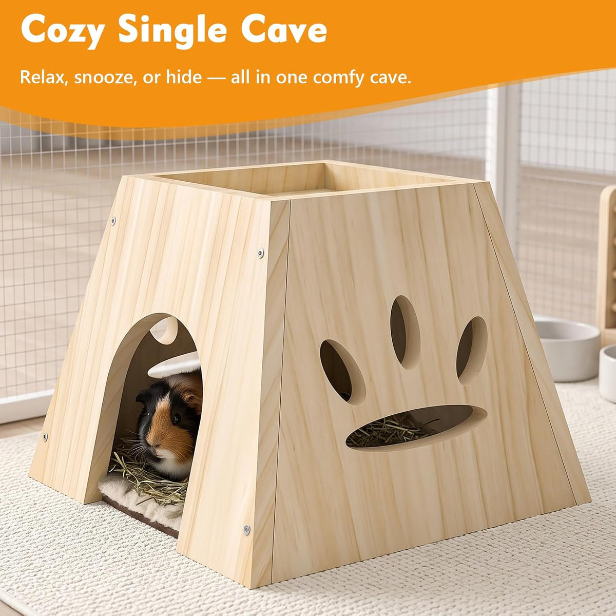 Xiaz Guinea Pig Hideout,Cute Guinea Pig House,Sturdy Small Animal House with Large Front Cave, Side Ventilation Holes, Thick Durable Wood,Habitat Hideout for Dwarf Rabbit, Hamster, Chinchilla