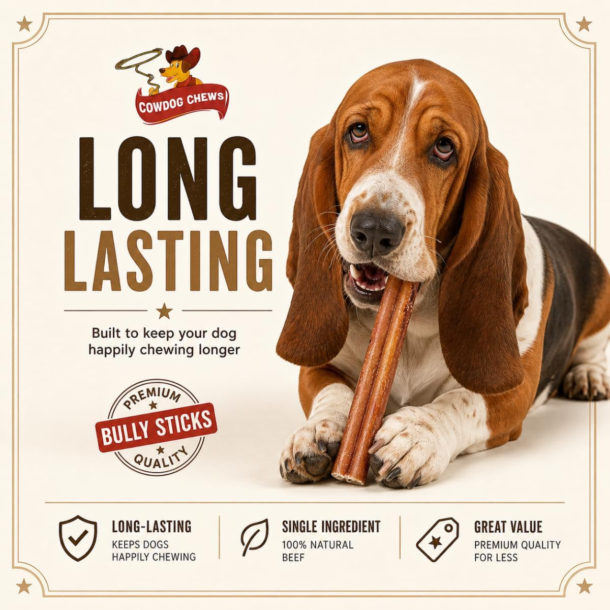 Cowdog Chews Beef Bully Stick: Odor-Free, Fully Digestible Beef Collagen Chews (5-7", 10 Count) - Natural, Grain-Free, Long-Lasting Collagen Bully Stick Substitute for All Dog Breeds