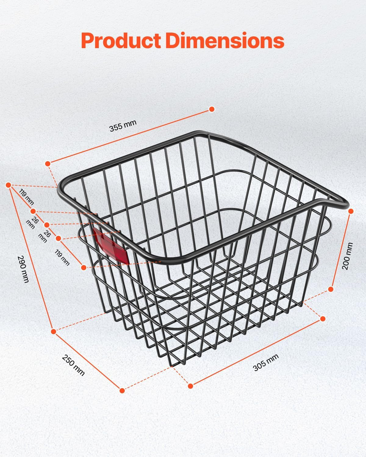 VEVOR Rear Bike Basket, Metal Wire Bicycle Basket with Reflective Tail Light & Waterproof Cover, Durable Bike Back Basket, Fits to Most Rear Bike Racks