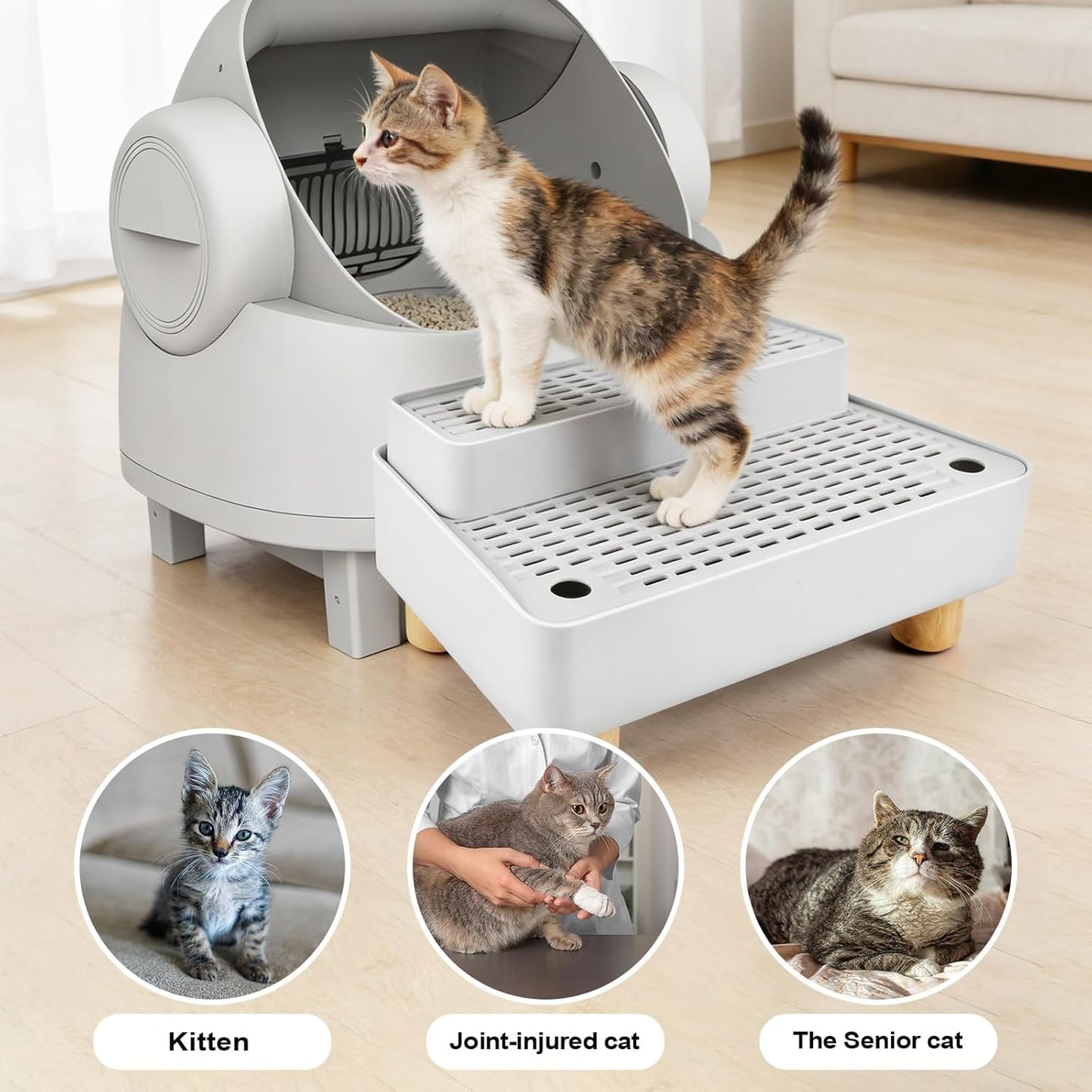 Adjustable Litter Box Step, Cat Litter Box Ramp/Catcher with Wooden Feet | 2 Steps,Fits Automatic Litter Box Steps, Filter Function, Anti-Tracking, Easy to Clean, for Small & Elderly Cats