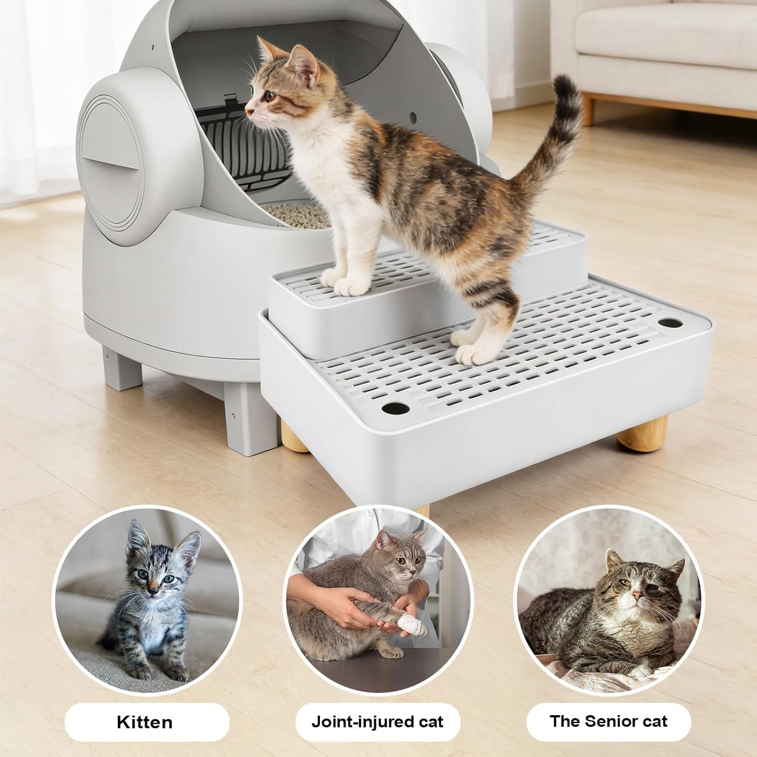 Adjustable Litter Box Step, Cat Litter Box Ramp/Catcher with Wooden Feet | 2 Steps,Fits Automatic Litter Box Steps, Filter Function, Anti-Tracking, Easy to Clean, for Small & Elderly Cats