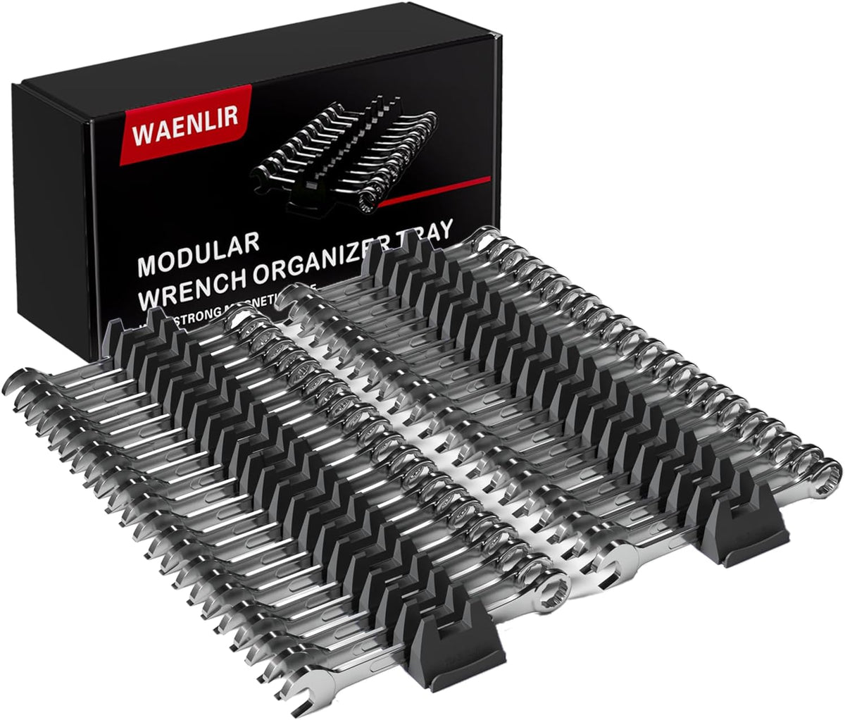WAENLIR 48 Tool Magnetic Modular Wrench Organizer Set-Tool Drawer Storage Rack with Metric&Sae Labels, Wrench Holder with Magnet, Gift for Men, Father, Boyfriend, Diyers&Mechanics (Black)