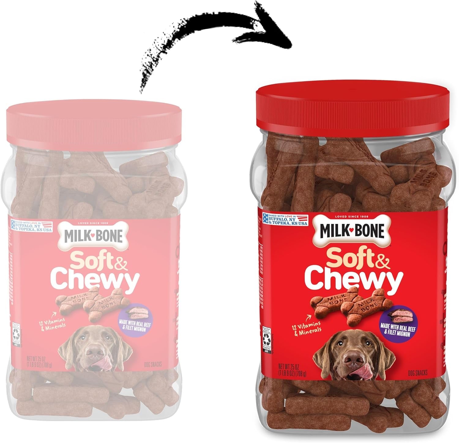 Milk-Bone Soft & Chewy Dog Treats, Made with Real Beef & Filet Mignon, 25 Ounce Canister
