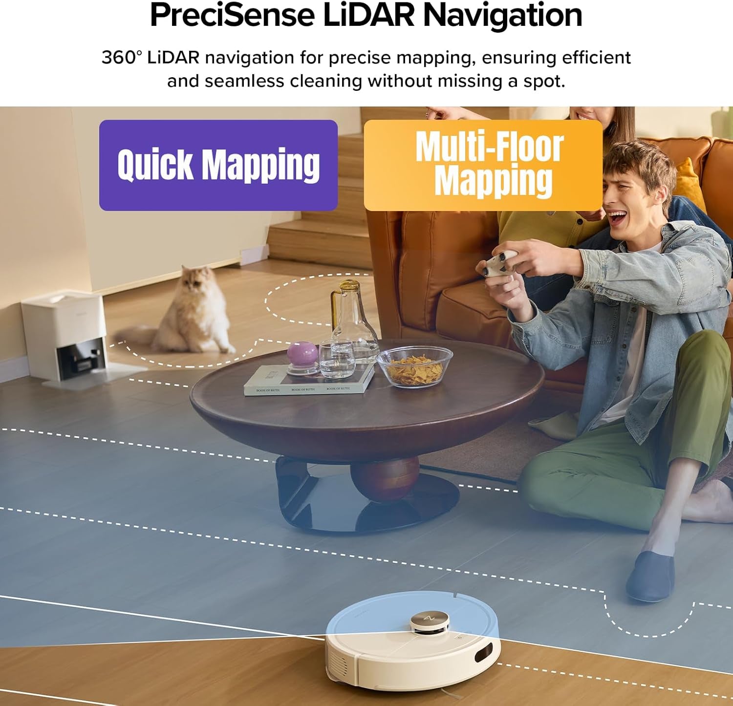 Roborock Q7 M5+ Robot Vacuum and Mop, Upgraded from Q5 Max+, up to 7-9 Weeks Self-Empty, 10000Pa Suction, Dual Anti-Tangle System for Pet Hair & Carpet, Precisense Lidar Navigation, App Control, White