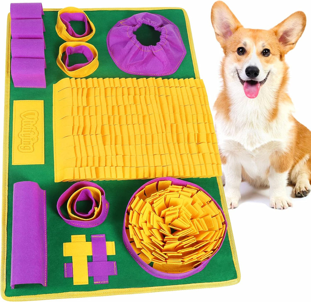 Vivifying Snuffle Mat for Dogs, 8-Zone Treat Puzzle, Green, Yellow, Purple
