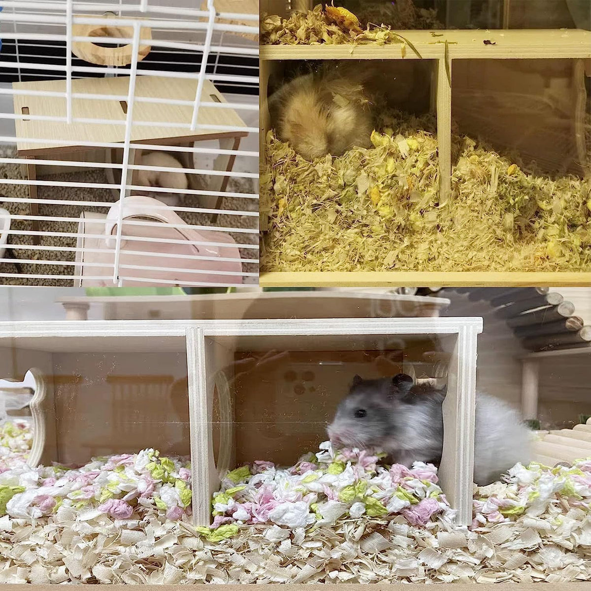 Hamiledyi Wooden Hamsters 2-Chamber Hideout-Tunnel Multi Chamber Exploring Toy Hamster Hiding Maze Tunnel Toy Platform Stuff Cage Accessories for Gerbil Rat Mice