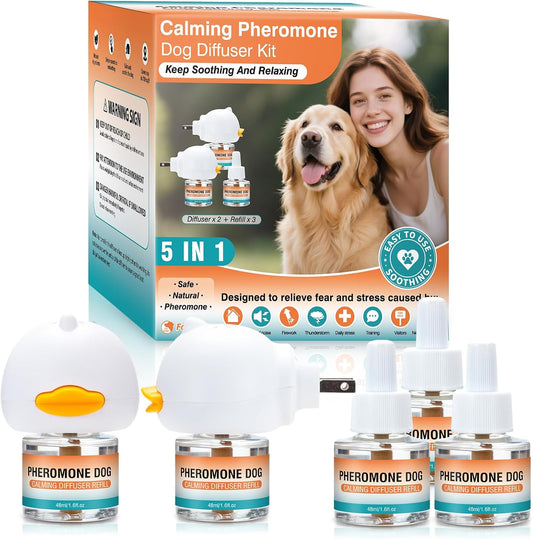 Dog Calming Pheromones Diffuser to Calm Pet 5 in 1 Advanced Kit Appeasing Pheromone Diffuser for Anxiety Relief (2 Plug In+3 Pack 48Ml Refill) Reduce Aggression Fighting Barking Stress (Tasteless)