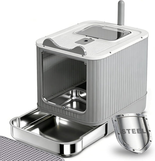 Upgraded Stainless Steel Fully Enclosed Cat Litter Box with Lid - Foldable Covered Kitty Litter Enclosure, Anti-Splashing, Easy to Clean with Drawer, Includes Cat Mat and Scoop - White & Grey