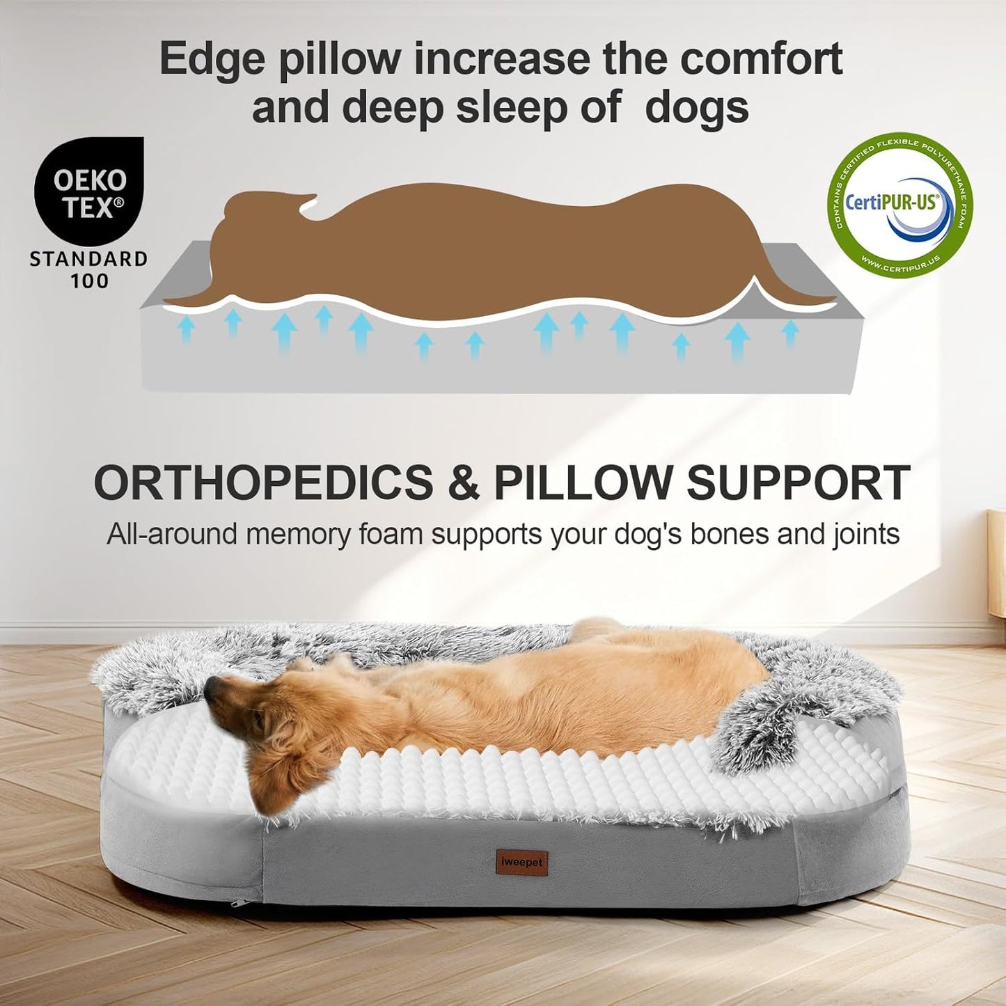 Iweepet 3.7 Inch Thickened Orthopedic Dog Beds for Large & Extra Large Dogs, Fluffy Claiming Dog Sofa Bed with Supportive 28D Egg-Crate Foam, Removable Washable Cover, Waterproof Lining, 44’’,Grey