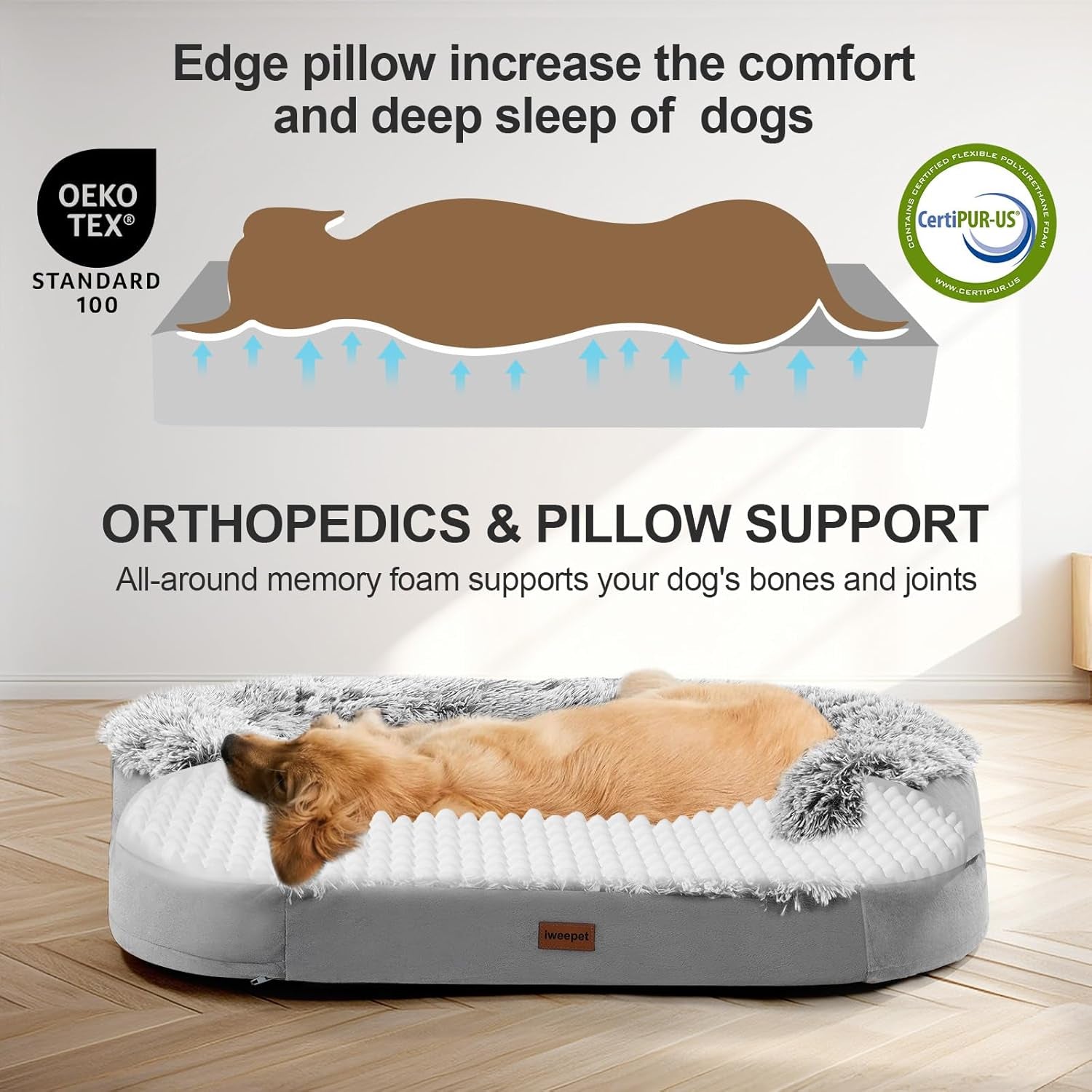 Iweepet 3.7 Inch Thickened Orthopedic Dog Beds for Large & Extra Large Dogs, Fluffy Claiming Dog Sofa Bed with Supportive 28D Egg-Crate Foam, Removable Washable Cover, Waterproof Lining, 44’’,Grey