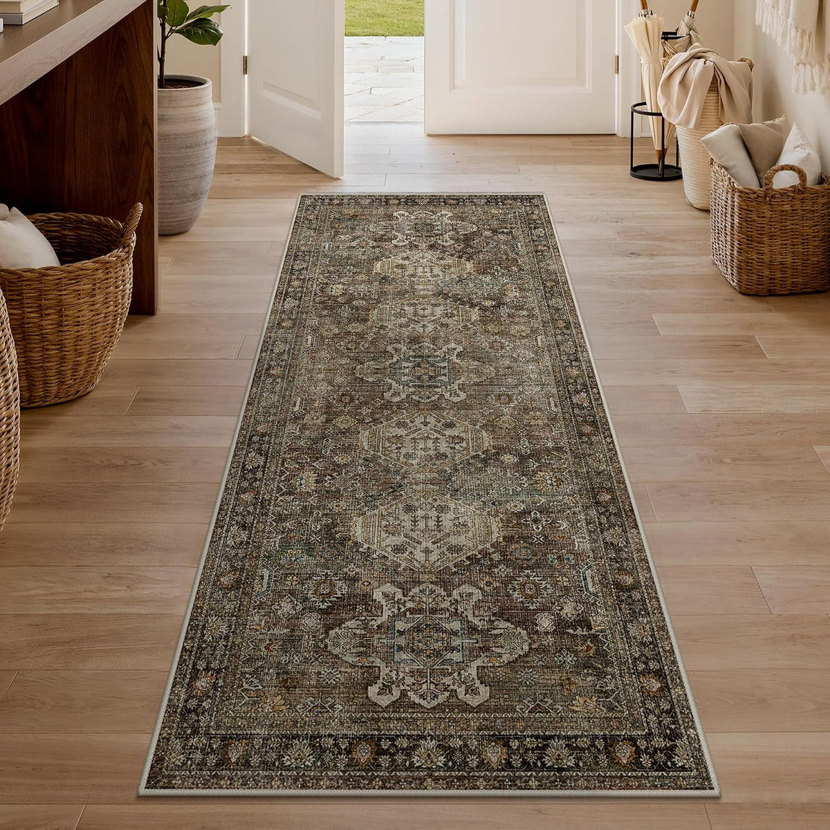 Bavni 2X5 Rug Runner, Non Slip Washable Kitchen Runner, Vintage Brown
