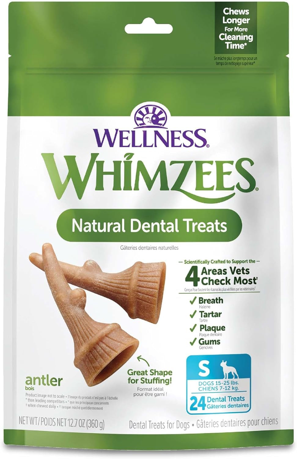 Wellness WHIMZEES Antler Occupy Natural Dog Dental Treat, Chews, Freshens Breath, Small Size, 12.7 Oz Bag, 24 Count
