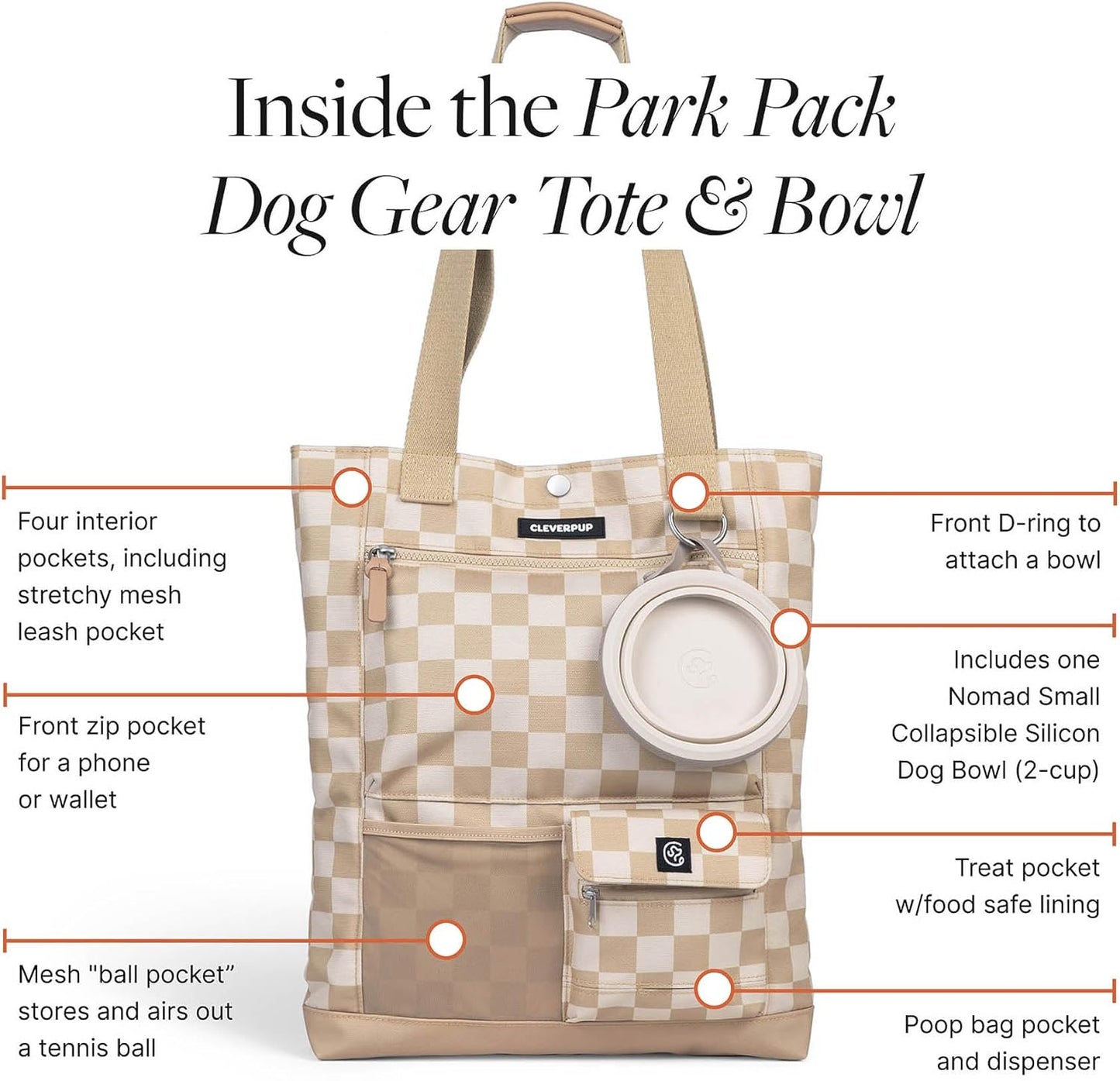 Cleverpup Park Pack 2-Piece Set Dog Gear Tote – Dog Travel Bag with 8 Pockets, Treat Pouch, Poop Bag Dispenser, Quick-Dry Ball Pocket, Collapsible Bowl, Perfect for Walks & Park Trips, Checkerboard
