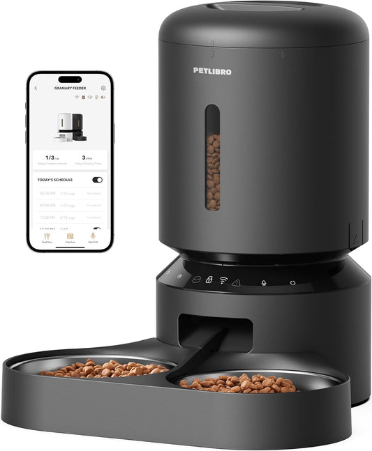PETLIBRO Automatic Cat Feeder for 2 Cats, 5G&2.4G Wifi Pet Feeders, 5L Programmable Cat Food Dispenser with Airtight Lock-Fresh Technology, Dual Stainless Steel Bowls, Low Food Sensor