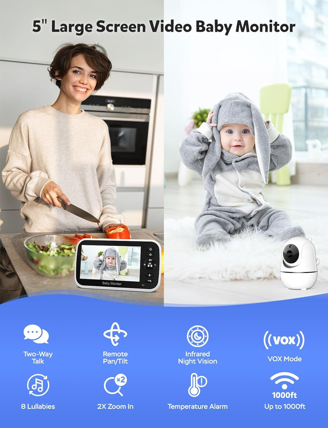 Goodbaby 5" Baby Monitor with Camera and Audio, No Wifi Secure FHSS, 30-Hour Battery, Remote PTZ, Auto Night Vision, Room Temperature, Two-Way Audio，Lullabies，1000Ft Range