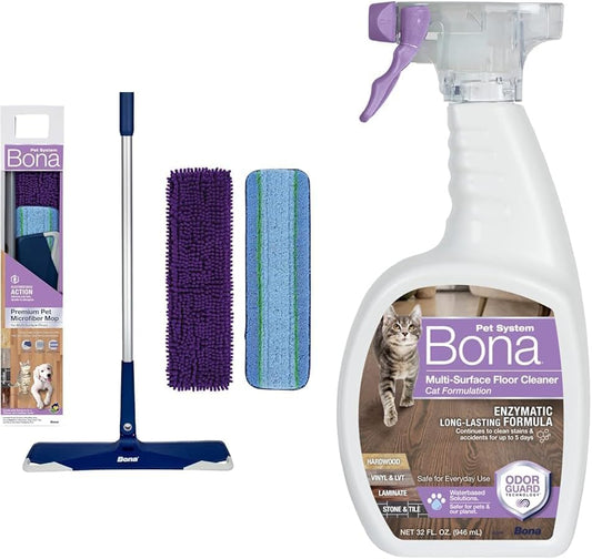 Bundle of Bona® Pet System Premium Pet Microfiber Mop for Multi-Surface Floors + Pet System Multi-Surface Floor Cleaner, Cat Formulation 32 Fl Oz