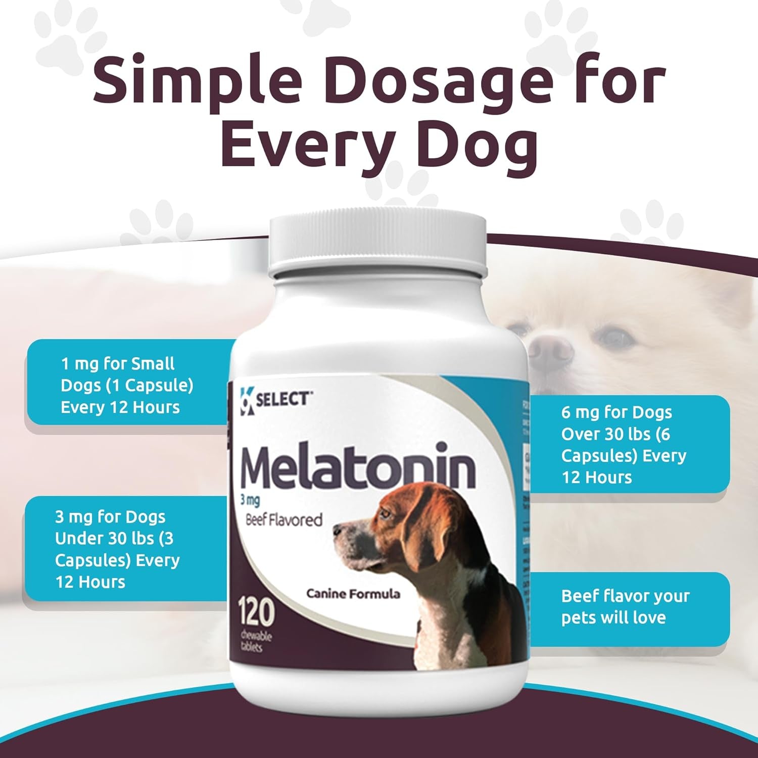 K9 Select Melatonin for Dogs - Composure Dog Calming Chews - Dog Melatonin for Sleep - Reduce Stress Helps Composure Calming Treats for Small Dogs - 3 Mg, 120 Beef Flavored Chewable Tablets