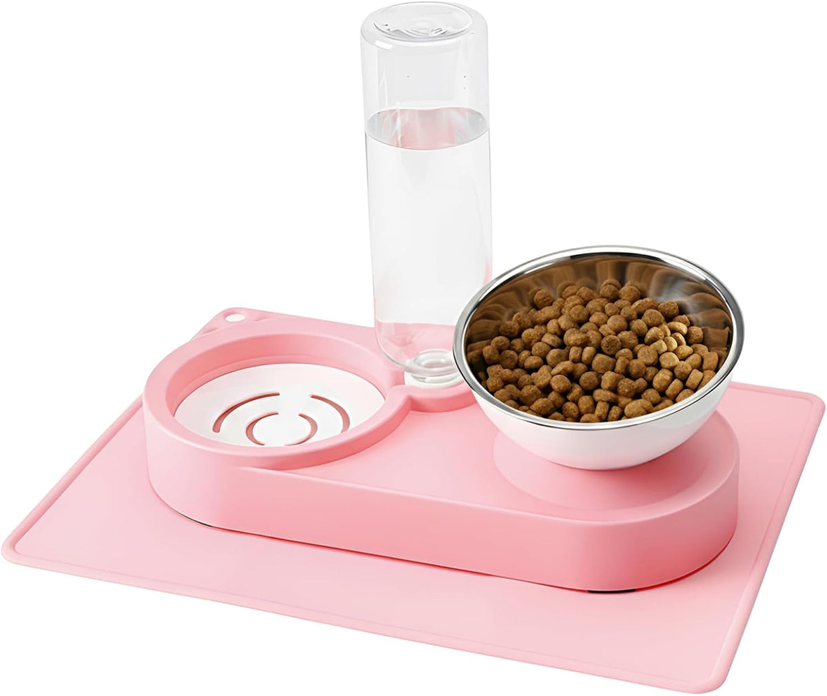 Double Elevated Dog Cat Food Water Bowls, Stainless Steel Cat Food Water Bowl with No-Spill Mat, Raised Tilted Dishes for Indoor Kitten, Puppies, Small or Medium Size Dogs Cats, Pink