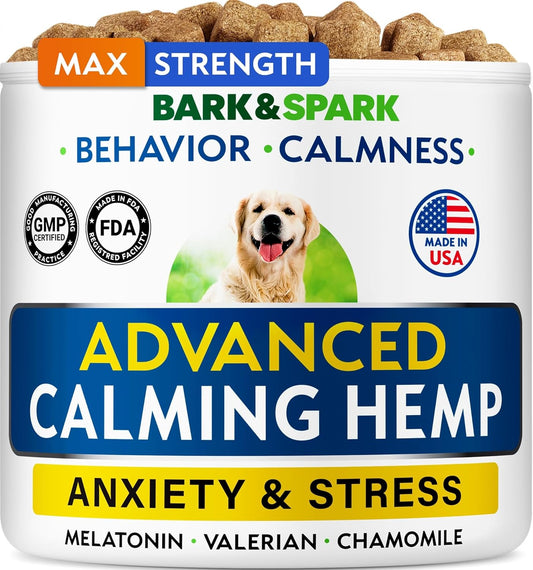 BARK&SPARK Advanced Calming Chews for Dogs - Hemp Chew + Melatonin - Anxiety Relief - Sleep Aid - Relaxing Treats - Stress Relief during Fireworks, Storms, Thunder, Barking