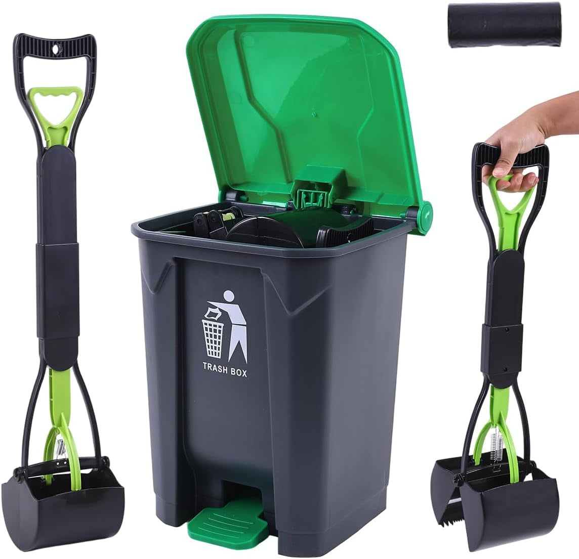 Pooper Scooper 2 Pack with 20 Litre Step Dog Poop Trash Can, 28" Long Handle Dog Poop Scoopers for Large Small Dogs Heavy Duty, Removable Inner Bucket for Outdoors, 50 Waste Bags Included (Green)