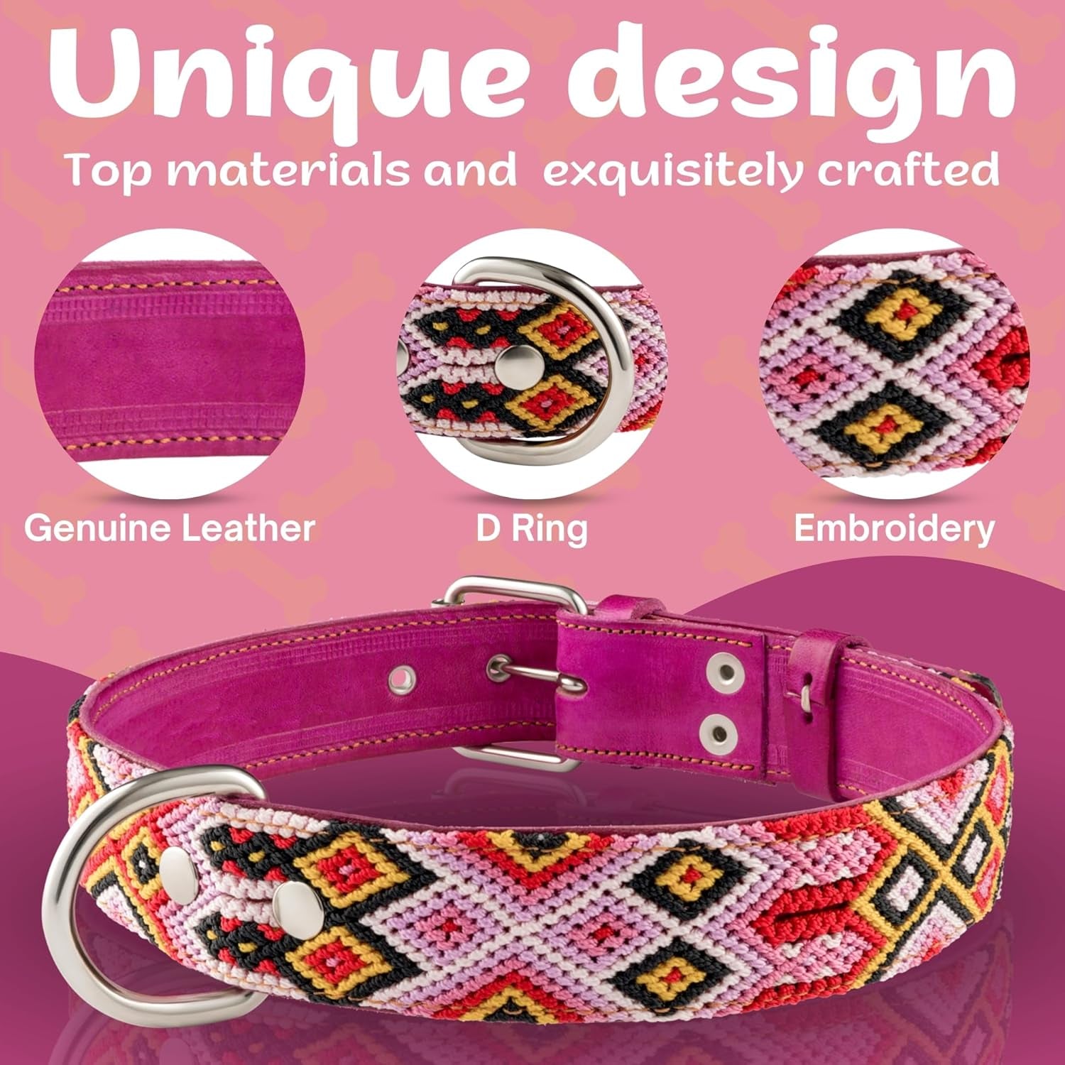 Leather Western Dog Collar - Embroidered, Handmade, Blue Pink, Medium Large, Cute, Collar Para Perros (Rose Blush)