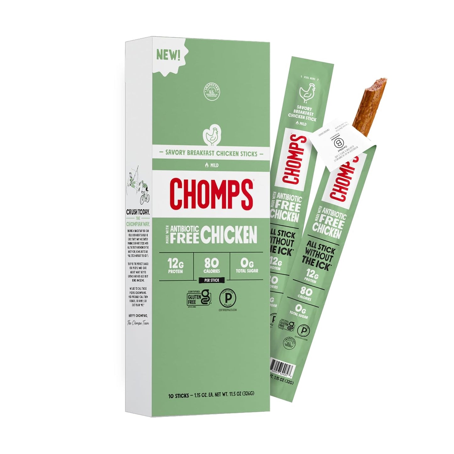 Chomps Savory Breakfast Chicken Jerky Meat Snack Sticks 10-Pack - Keto, Paleo, Low Carb, Whole30 Approved, 12G Lean Meat Protein, Gluten Free, Antibiotic Free, Zero Sugar Food