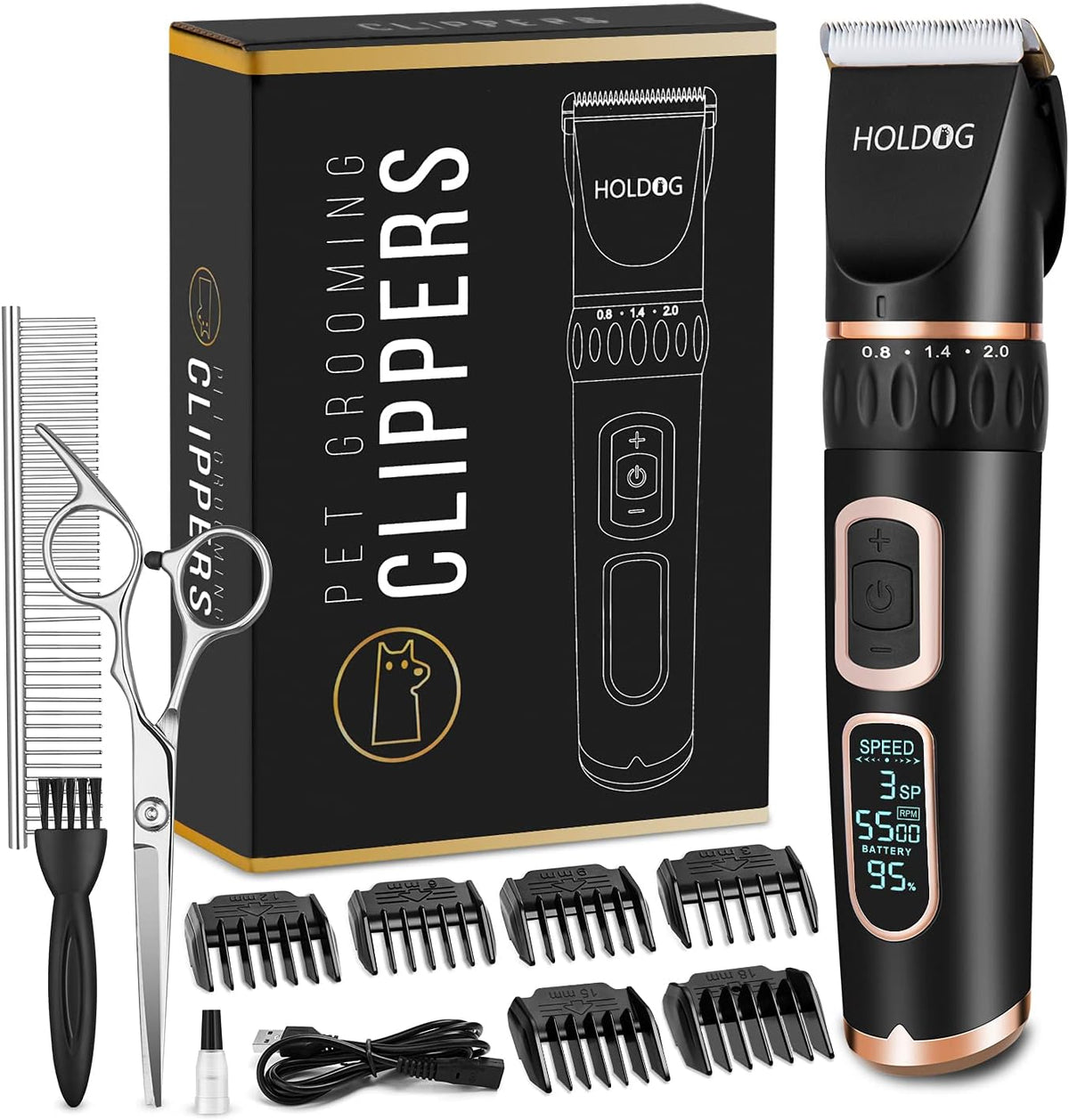 HOLDOG Dog Clippers Professional Heavy Duty Grooming Clipper 3-Speed Low Noise High Power Rechargeable Cordless Pet Tools for Small & Large Dogs Cats Pets with Thick Coats