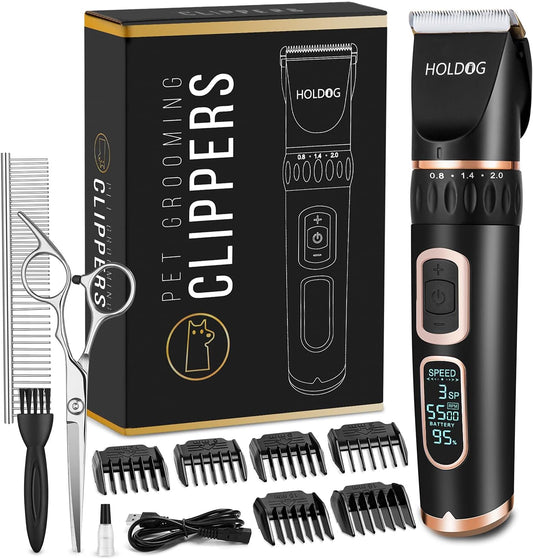 HOLDOG Dog Clippers Professional Heavy Duty Grooming Clipper 3-Speed Low Noise High Power Rechargeable Cordless Pet Tools for Small & Large Dogs Cats Pets with Thick Coats