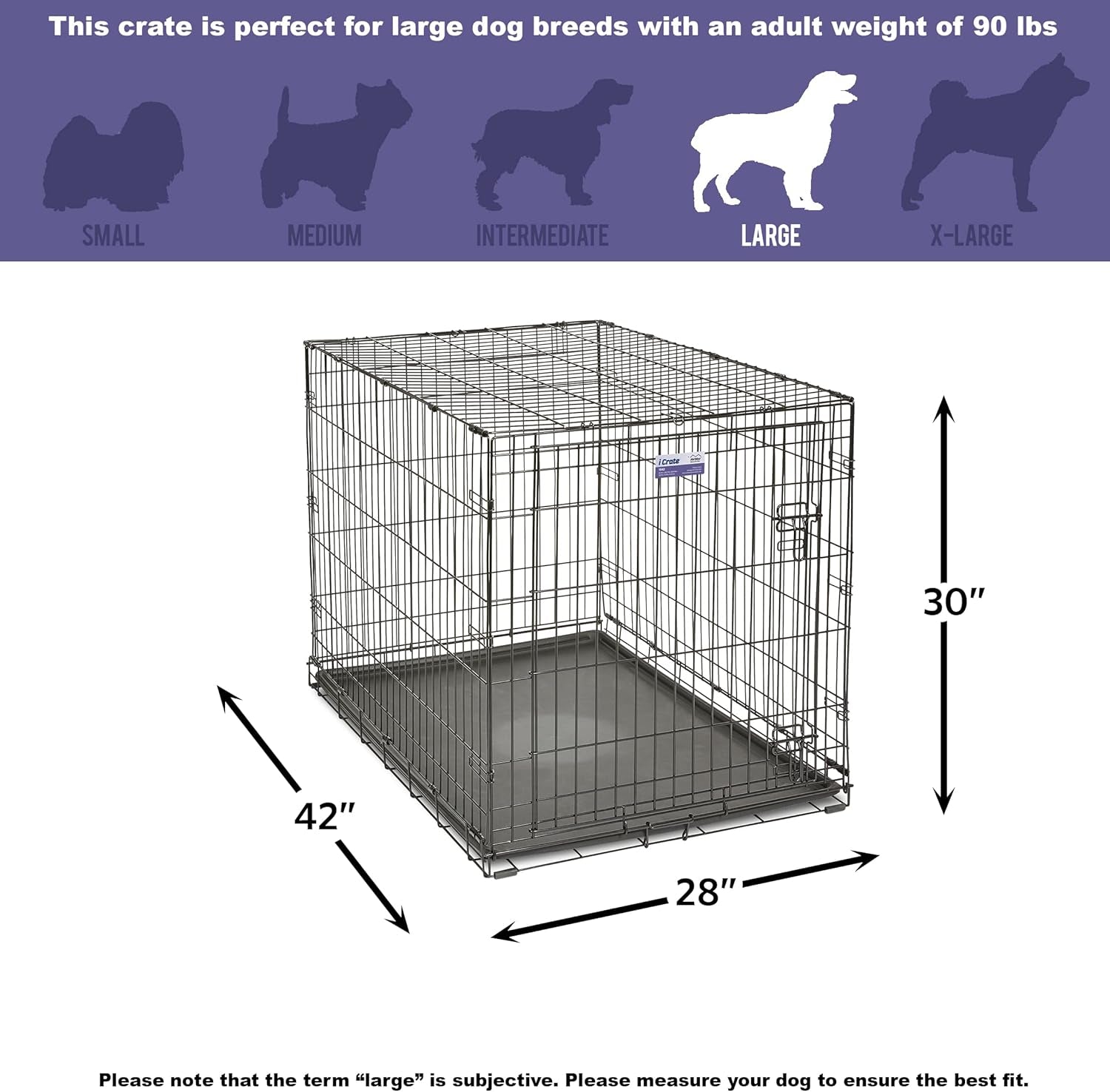 Midwest Homes for Pets 42-Inch Icrate for Large Breeds, 71-90 Lbs, Single Door Folding Dog Crate with Divider Panel, Leak-Proof Tray & Secure Latch, Portable, Durable & Easy to Assemble