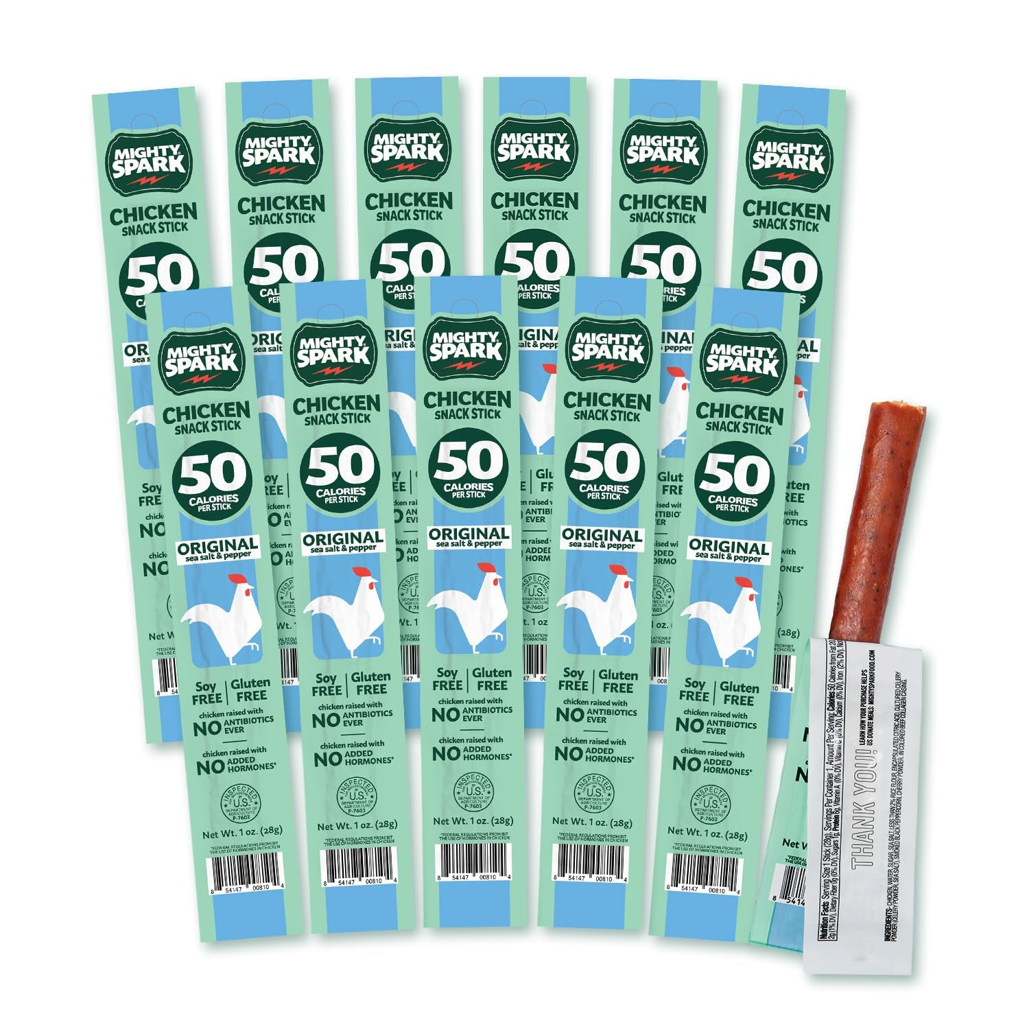 Mighty Spark Chicken Snack Sticks - Original Sea Salt & Pepper- 6G of Protein, No Antibiotics Ever, No Hormones Added, Gluten Free, Soy Free Meat Sticks - High Protein Keto Snacks - 12 Count