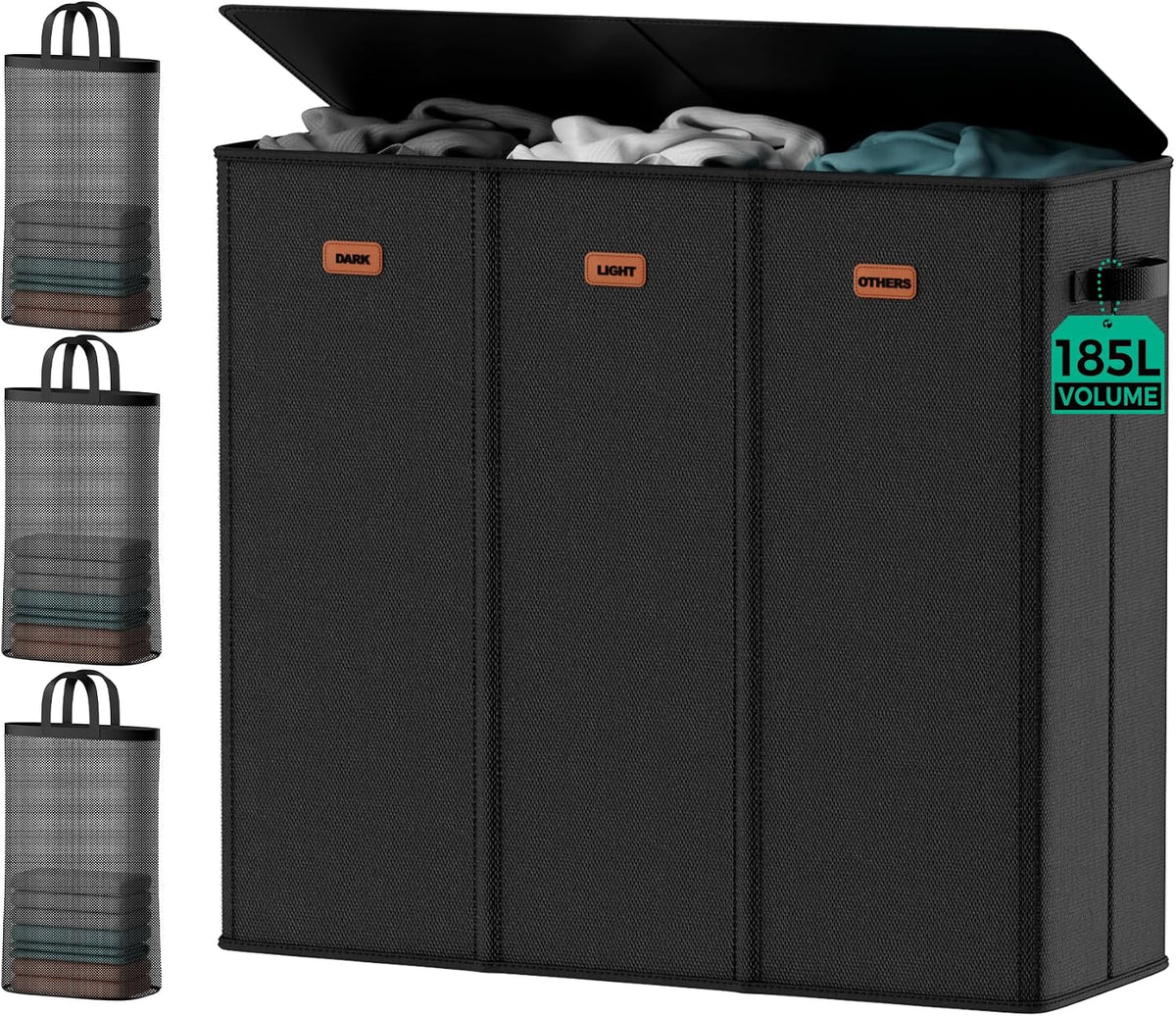185L Laundry Hamper 3 Section with Lid & Removable Bags
