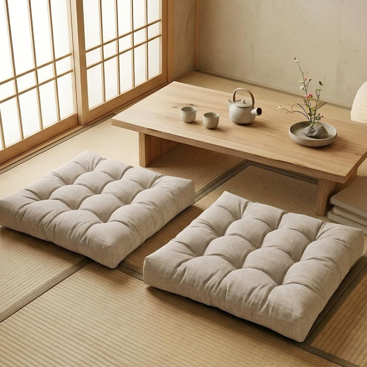 Large Square Floor Cushions Set of 2, 22 X 22 Inch with Non-Slip Bottom, Memory Foam Floor Pillow for Sitting, Meditation & Yoga, Soft Supportive Floor Seating Cushion for Adults & Kids (2, Oatmeal)
