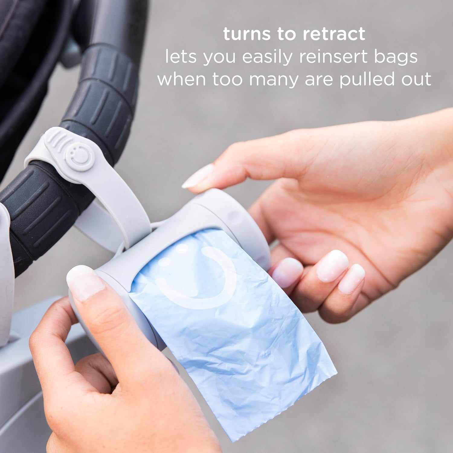 Ubbi Retractable Bag Dispenser for Diaper Bag Value Set, Gray | Portable Bag Holder for Travel, Clips to Stroller or Diaper Bag, Newborn Baby Essentials, Includes 60 Lavender Scented Bags