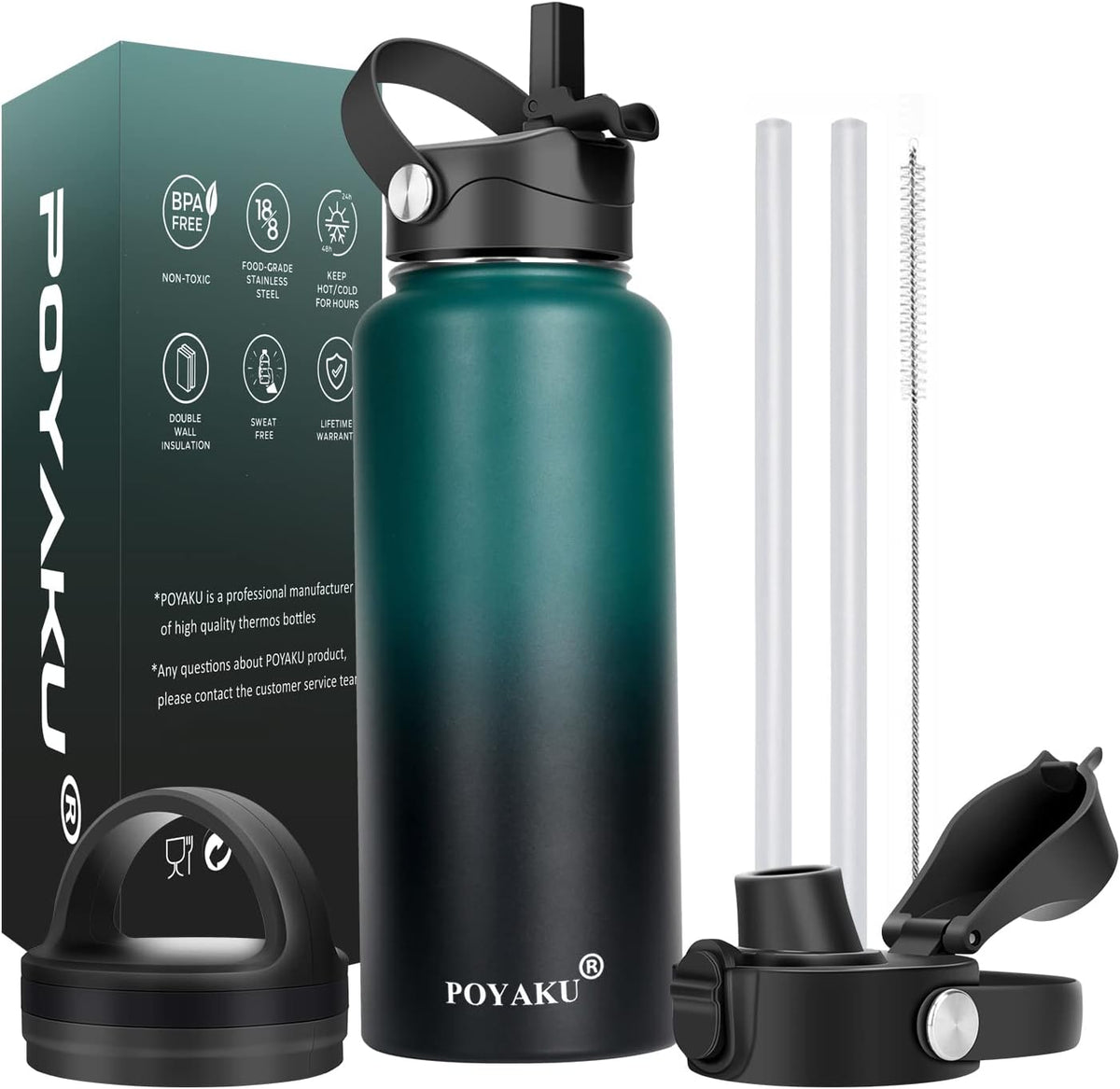 Water Bottle Insulated 32Oz 40Oz 64Oz 128Oz Straw Lid Spout Lid & 3 Lids, Leak Proof, Vacuum Insulated,Stainless Steel Water Bottle Wide Mouth for Sports, Gym or Office