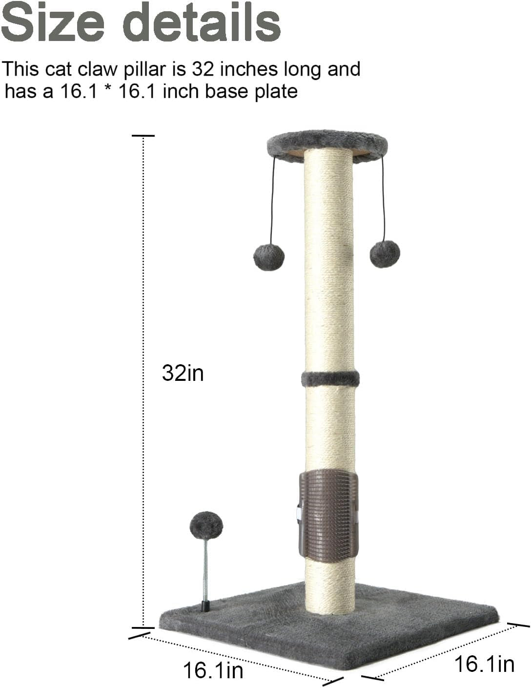 PEEKAB 32" Tall Cat Scratching Post Sisal Scratch Posts,With Hanging Ball and Self-Massage Brush Vertical Scratcher for Indoor Cats and Kittens Gray 32Inches