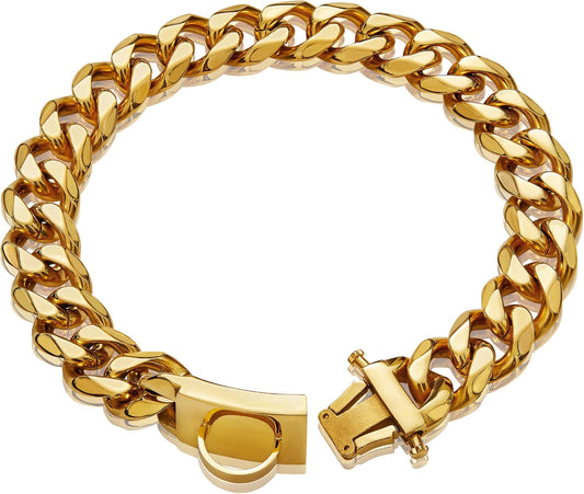 Gold Dog Chain Collar Walking Metal Chain Collar with Design Secure Buckle,18K Cuban Link Strong Heavy Duty Chew Proof for Medium Dogs(19Mm, 18")