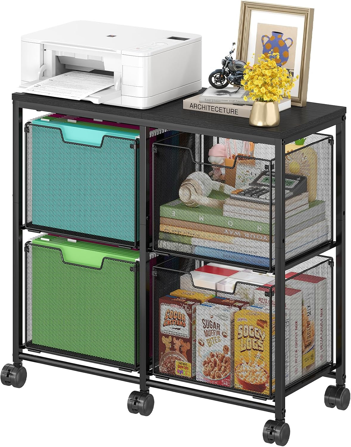 4 Drawer Lateral File Cabinet, Mobile Filing Cabinet, Printer Stand with Wheels under Desk Storage Office Storage Cabinet Fits Letter Size for Home Office, Black