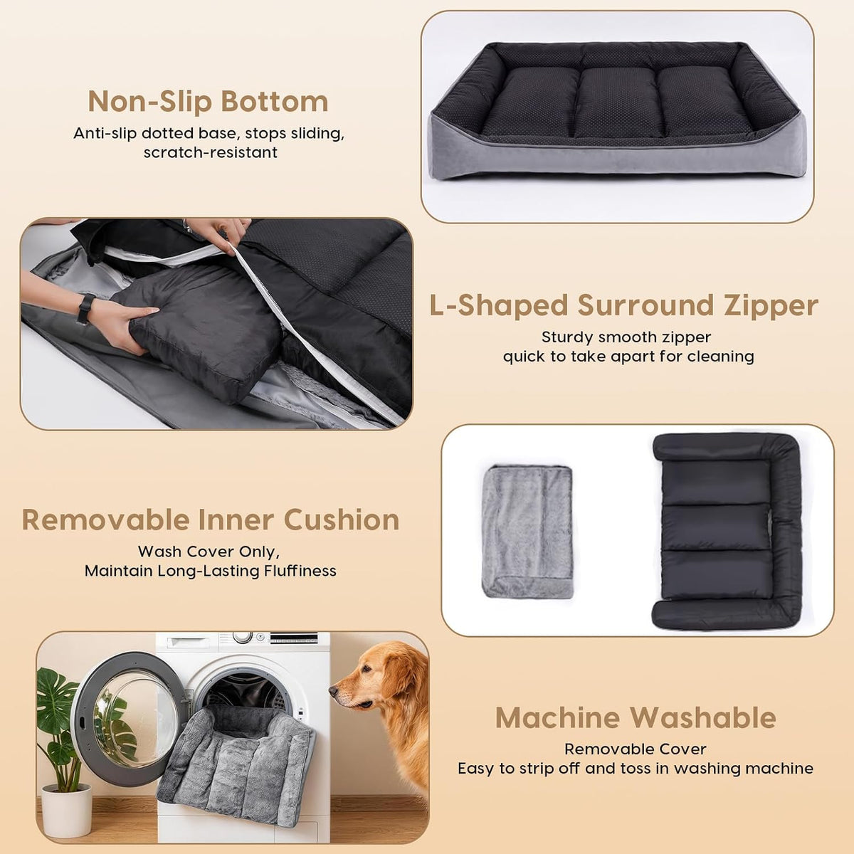 Orthopedic Dog Beds Large Sized Dog, Washable Dog Bed, 42" L, Grey
